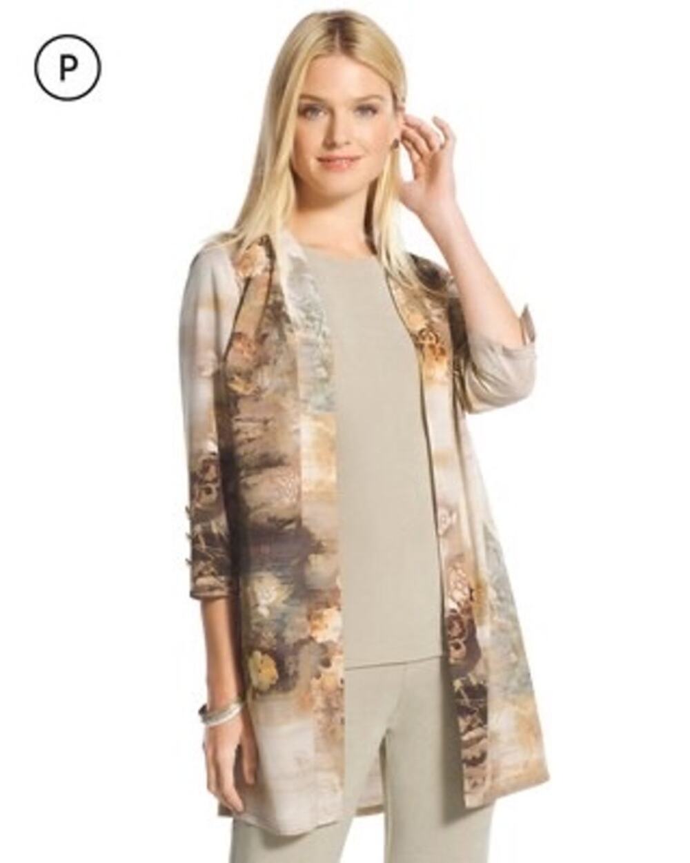 Chico’s Travelers Asian Printed Brown 3/4 Sleeve Duster Jacket Size 12
